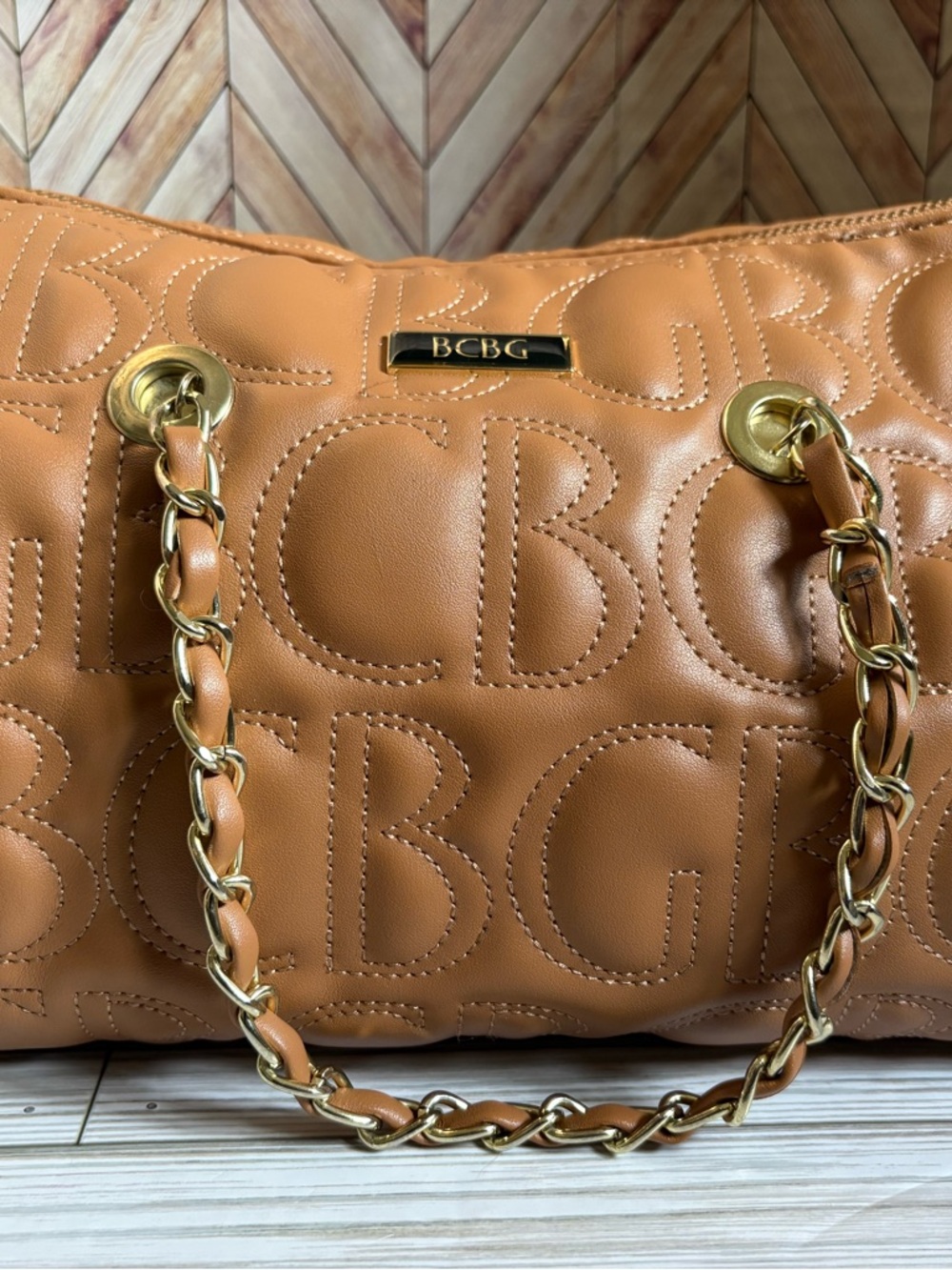 BCBG Caramel Tan Quilted Logo Crossbody or Handbag